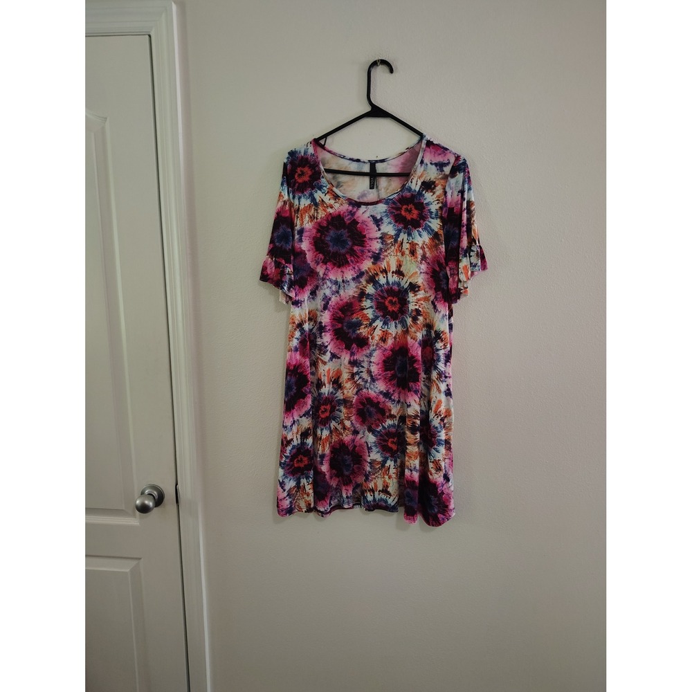 VOLL Womens Tie‎ Dye Sunburst Mini Dress Short Sleeve Ruffle Purple Pink Large